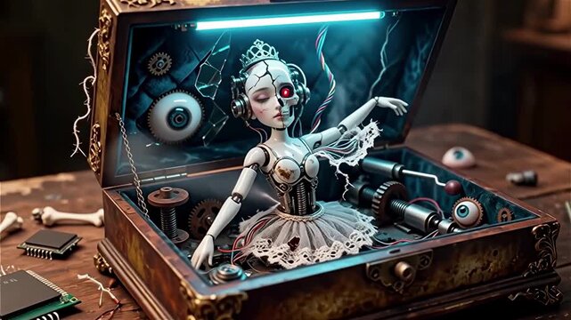 A dark biomechanical fantasy of an antique music box containing a broken porcelain ballerina