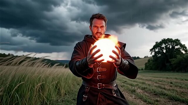 A man stands in a field and casts a fireball spell