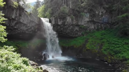 A waterfall cascades down a rocky cliffside into a serene pool surrounded by lush greenery and dense forest