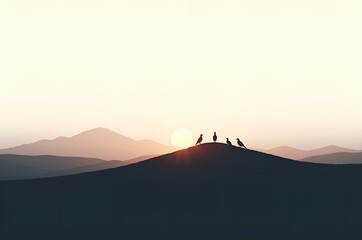 Naklejka premium Birds Silhouetted on Hilltop at Sunset