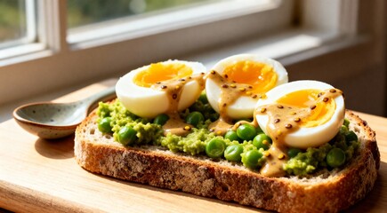 Smashed peas and egg sourdough toast with whole grain mustard sauce.