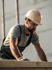 Professional construction worker in protective helmet carefully measuring and assembling wooden elements while working on a modern building project outdoors