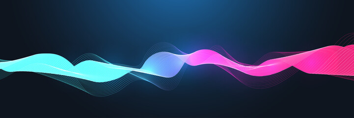 Music poster for electronic festival with dotted lines and waves. Party flyer cover design concept. Distorted music wave equalizer. Abstract amplitude of sound, Illustration