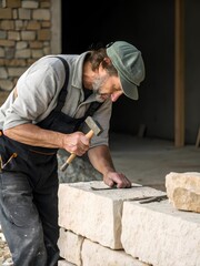 Experienced stonemason shaping stacked stone blocks with precision hand tools, demonstrating traditional masonry techniques and professional construction craftsmanship