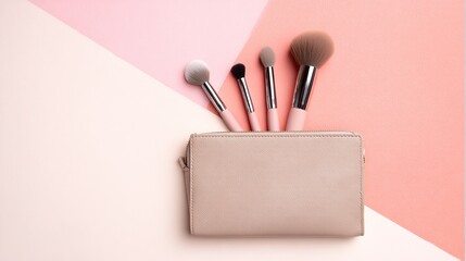 pouch. Makeup brushes neatly arranged in pouch on pastel pink flat background. tutorial guides, club newsletters, designed for tourism and weekend activity guides.
