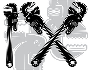 Detailed Monochrome Vector Set Featuring Adjustable Pipe Wrenches, Including a Striking Crossed Pair and Individual Tools, Ideal for Plumbing, Mechanical, and Industrial Design Concepts.