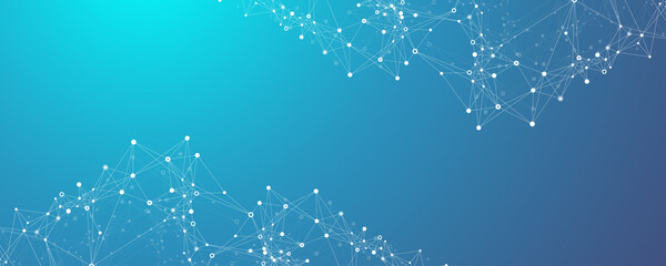 Abstract tech network connection dots illustration. Digital background and big data technology. Blue background with plexus lines. Geometric background with abstract mesh