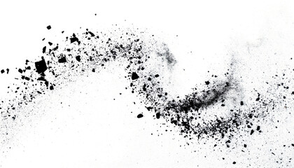 Black particles exploding in dynamic motion on white background