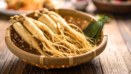 Fresh ginseng roots in a woven basket on wooden table