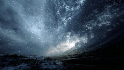 Ethereal Nightscape - A Symphony of Stars and Clouds Over Tranquil Waters.