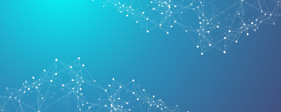 Abstract tech network connection dots illustration. Digital background and big data technology. Blue background with plexus lines. Geometric background with abstract mesh