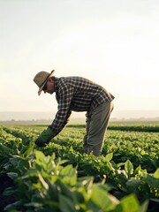 Farmer in straw hat and checkered shirt working in green crop field under clear sky, showcasing sustainable agriculture and hands-on food cultivation