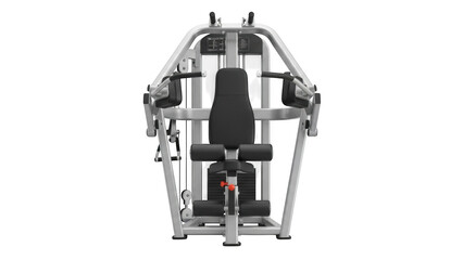 Silver and black weight machine with black seat and padded arm rests gym equipment fitness machine