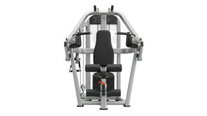 Silver and black weight machine with black seat and padded arm rests gym equipment fitness machine