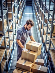 Warehouse worker in gray uniform and white gloves organizing cardboard boxes on metal shelves, highlighting logistics, inventory control, and operational efficiency
