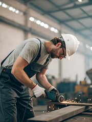 Worker in white hard hat using angle grinder on metal in industrial workshop, with sparks flying, showcasing safety, skill, and fabrication precision