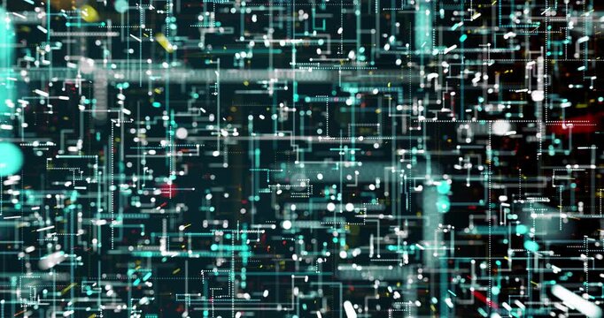 The abstract digital world pulsates with neon lines and dots, weaving the pattern of cyberspace. Color energy fills space, creating the illusion of data flowing.