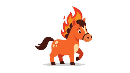 Cartoon horse with flames on its mane and tail standing alone on a white background with a concerned expression. © Excel