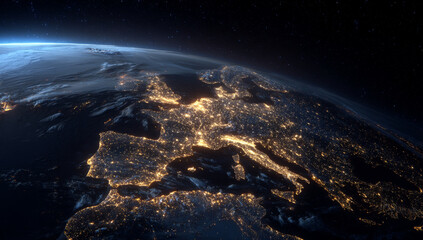 Europe at night from space showing city lights.