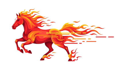 Vibrant illustration of a fiery horse running with flowing mane and tail, conveying a dynamic and energetic mood with warm, orange tones, against a clean white background, celebrating © Excel