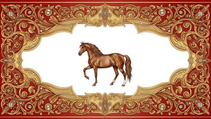 Elegant brown horse illustration, depicted within a lavish baroque-style gold and red ornamental frame, showcasing intricate scrollwork and classic decorative artistry