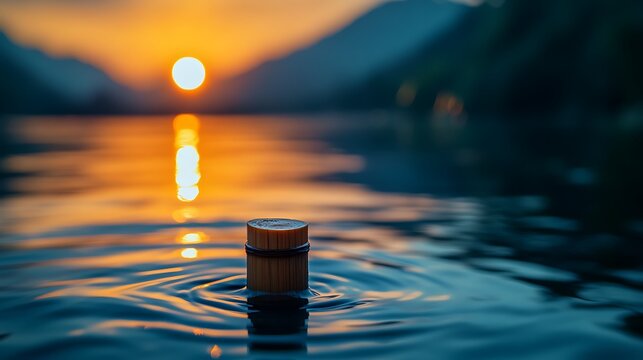 A serene lake scene at sunset with a wooden object floating on the water - Powered by Adobe