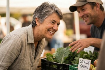 A woman chats happily with a farmer at a vibrant farmers market. Fresh, locally grown vegetables are displayed in crates around them, creating a lively atmosphere