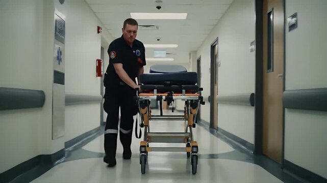 Paramedic Pushing Empty Stretcher Through Hospital Hallway