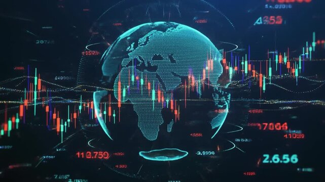 Digital Earth Globe with Stock Market Data and Financial Charts in Futuristic Blue and Red Tones planet