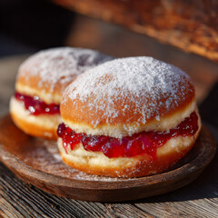 Delicious Berliner Doughnuts with Raspberry Jam and Powdered Sugar.