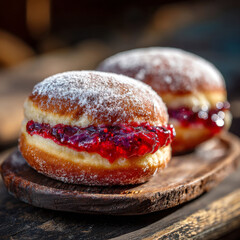 Delicious Jelly Donuts Sprinkled with Powdered Sugar on Wooden Plate.