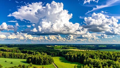 Panoramic view of lush green fields and dense forests under dramatic cumulus clouds in deep blue sky