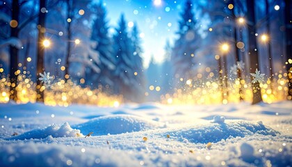 Snow-covered forest illuminated by golden light orbs with misty pine trees and serene winter atmosphere