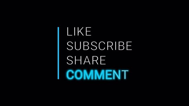Animation of YouTube-like, subscribe, share, and comment text with glow effects. Isolated on a black background with an alpha channel.