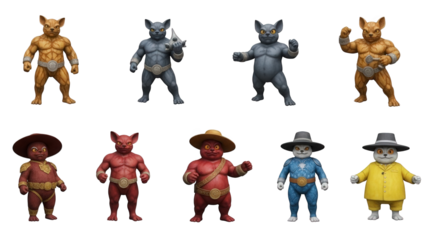 Colorful cartoon cat characters in various costumes and poses on black background