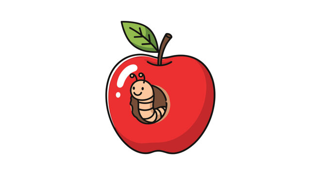 Friendly little worm pops out from a hole in a bright red apple with a green leaf in this charming and cute cartoon illustration.
