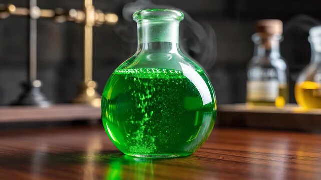 Glass Potion Bottle Glowing Green and Bubbling on Wood Laboratory Table