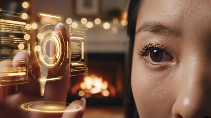 Woman interacting with advanced holographic technology displaying interactive map icons and digital data - Powered by Adobe