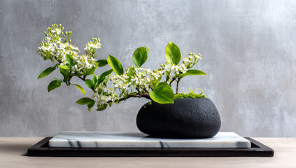 Minimalist Floral Arrangement - White Blossoms in Black Vase on Marble Tray.