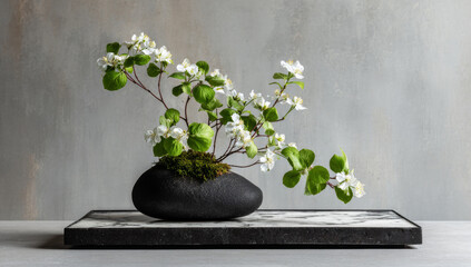 Elegant Ikebana Arrangement - White Flowers in Black Vase on Tray.