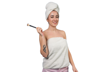 Woman applying makeup, doing beauty routine on blue background