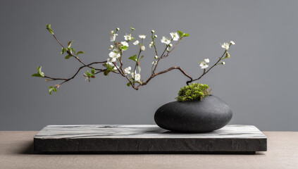 Minimalist Ikebana Arrangement with Dogwood Blossoms in Black Vase.
