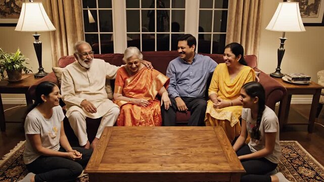 A beautiful portrait of a happy multi-generational Indian family with grandparents, parents, and daughters bonding together in a cozy living room
