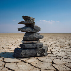 Stacked Stone Cairn Tower on Dry Cracked Desert Earth Under Blue Sky for Balance Meditation and Zen Wellness Concept Photography
