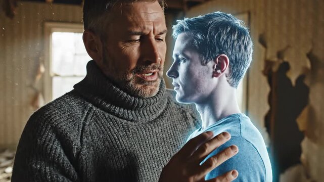 Sad Father Hugging Glitching Hologram Son in Dilapidated Room 3D Render