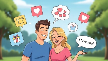Happy Couple in a Park with Floating Social Media Icons and I Love You Speech Bubble Illustration Valentine