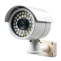Detailed white security camera with visible lens and mounting bracket on transparent background high quality