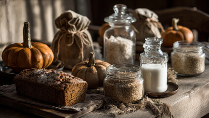 Autumn Still Life with Pumpkin Bread and Pantry Staples.