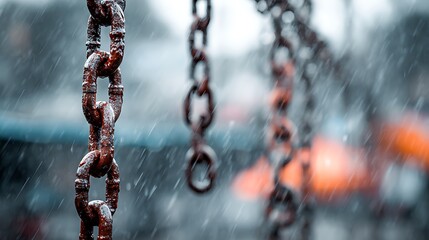 Close-up view of weathered metal chains hanging in a blurred rainy outdoor setting