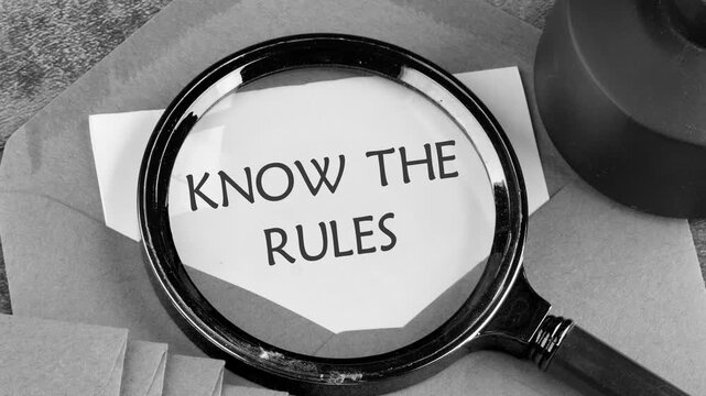Animation the appearance of the conceptual phrase KNOW THE RULES through a magnifying glass on a piece of paper from an envelope. Business, management, development concept.